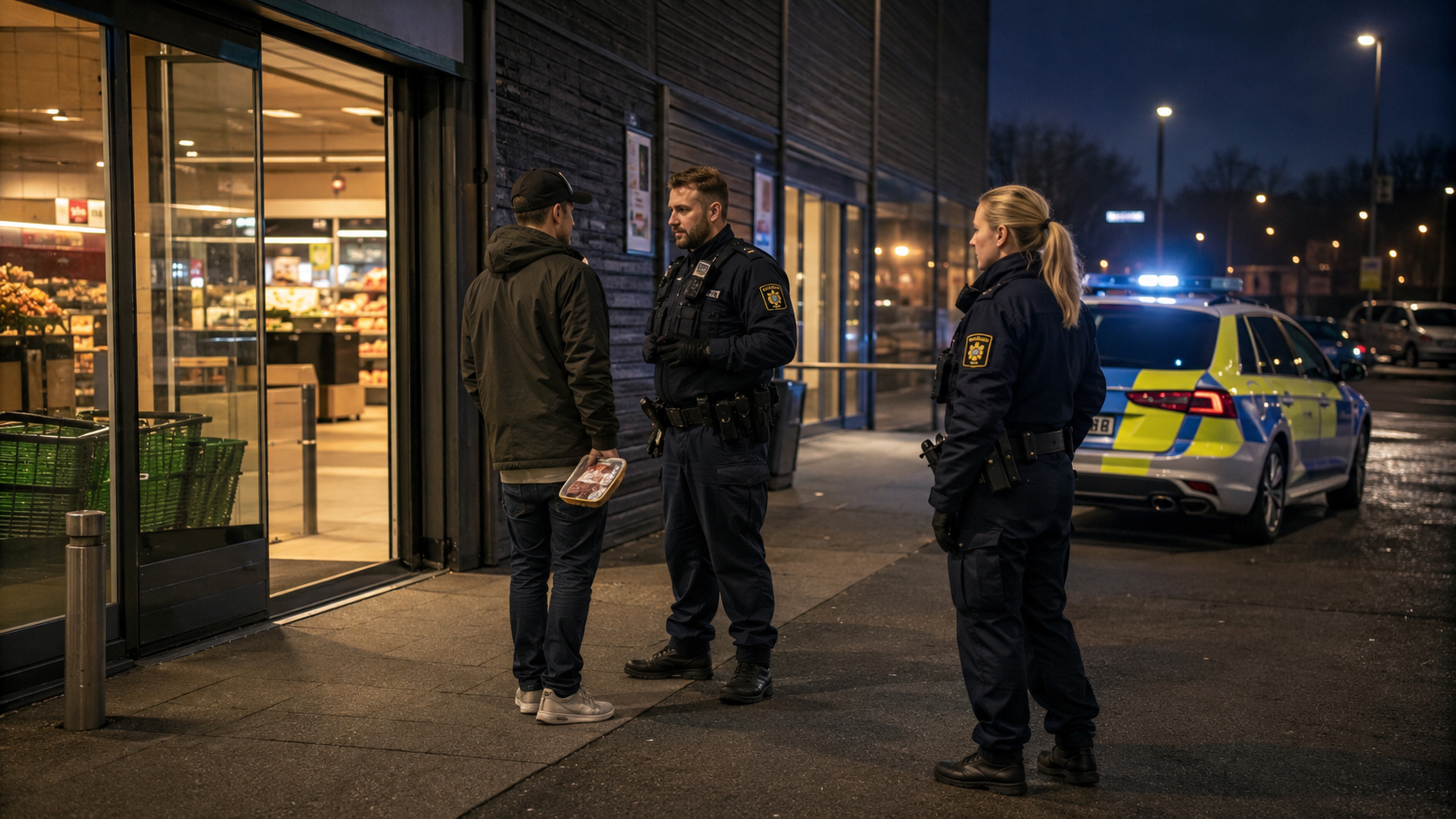 Lagtext och straffskalor för stöld Illustration om stöld enligt svensk rätt med svensk polis som stoppar en misstänkt person utanför en matbutik, medan en polisbil står parkerad i bakgrunden.